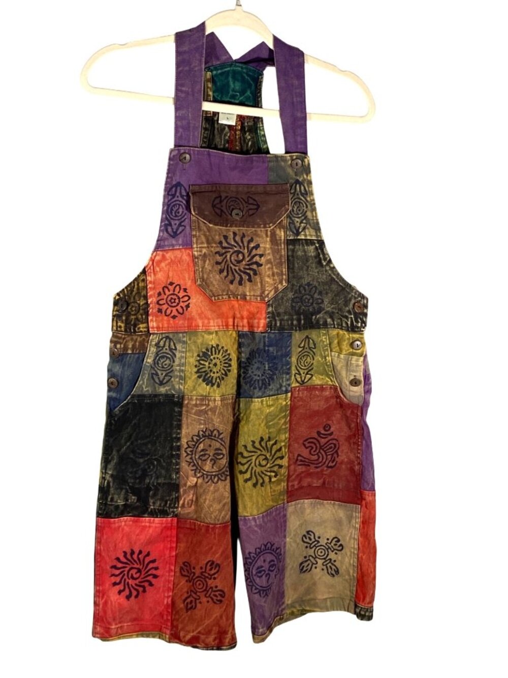 Patchwork Boho Overalls With Pockets Sun Lotus Prints 100% Cotton Made In Nepal